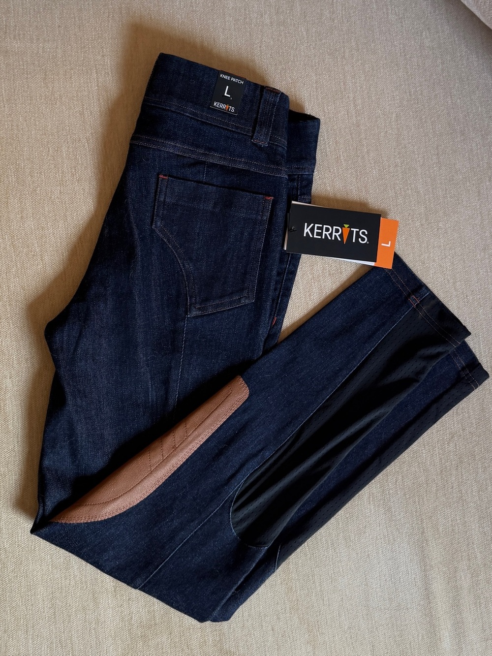 Kerrits girl’s blue riding denim breeches size large BNWT size large